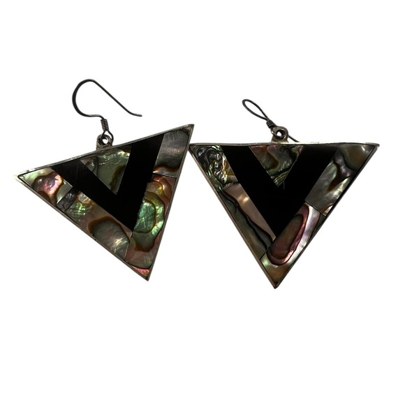 Vintage Alpaca Silver, Abalone & Mother of Pearl Night Sky Celestial Earrings - Picture 1 of 6